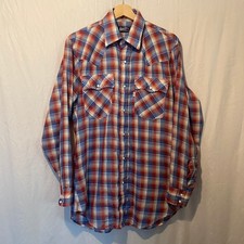 Levis Mens Vintage 70s Western Pearl Snap Plaid Shirt Red White Blue Gold