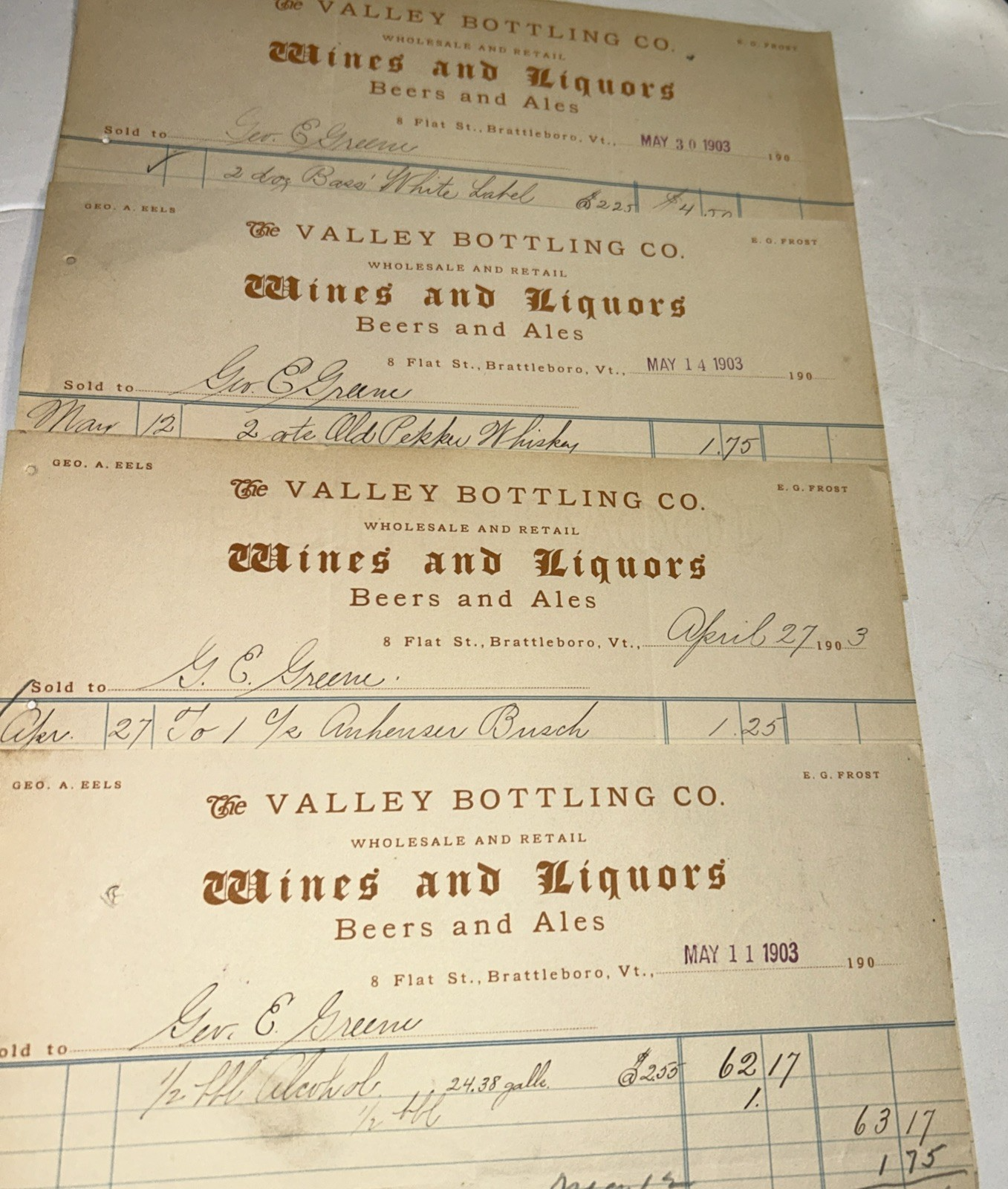 4 Antique Billheads 1903 VALLEY BOTTLING Wines Liquors Beers Ales Brattleboro VT