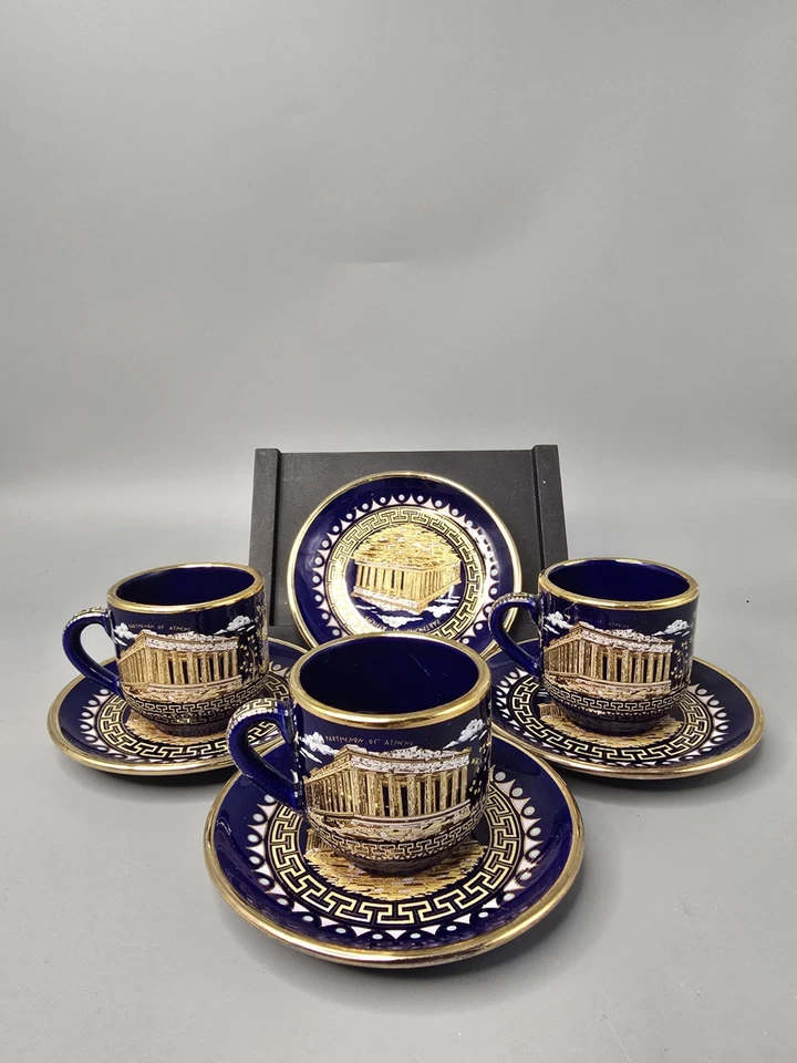 SM Hecho a Mano en Grecia Oro 24K Partenón Demitasse/Espresso Set 3 Salchichas 3 Tazas Foto 2 de 4