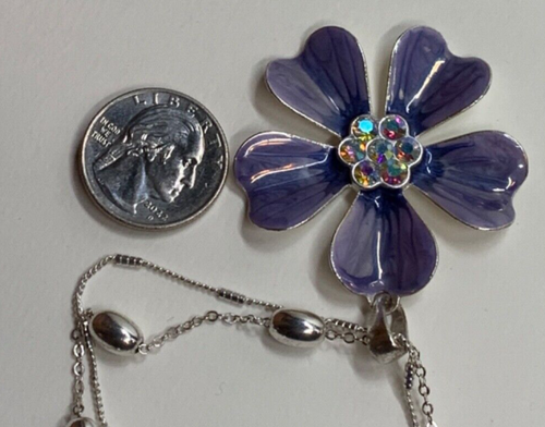 Colorful Enamel Purple Flower Pendant Rhinestone 18' Chain Silver Beads Necklace - Bild 4 von 11