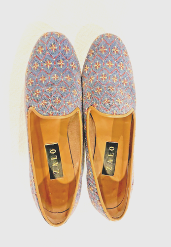 ZALO Tapestry Needlepoint Flats Slip On Loafers Leather Sole Spain Blue 10 M - Picture 2 of 12