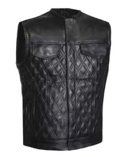 Hunt Club Style Diamond Stitch Leather Motorcycle Biker Vest Concealed Carry