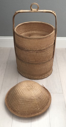 VINTAGE Antique Chinese Wedding Basket, 3 Tier, RARE Woven Wicker & Bamboo Cane - Picture 5 of 12