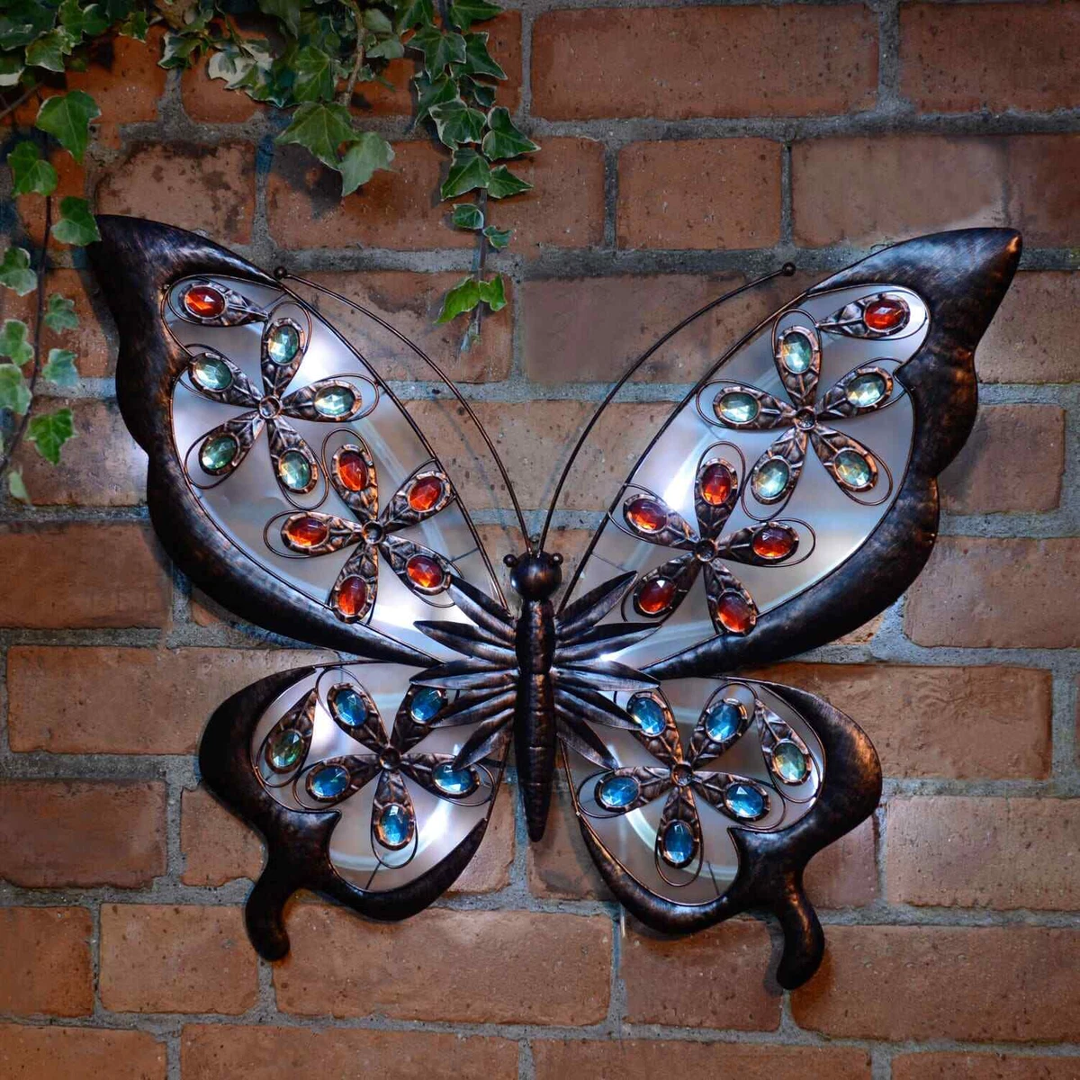 Solar powered IP44 Light Metal Jewelled Butterfly Wall Art