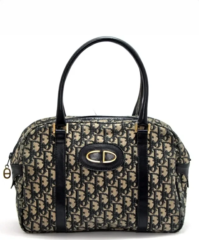 Sac à main trotteur Christian Dior vintage logo toile cuir marine authentique