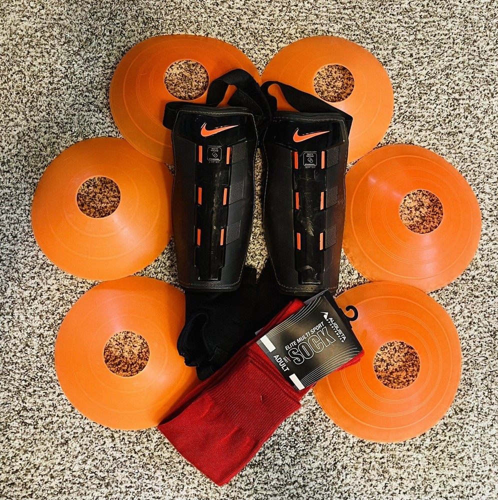 Nike Youth Soccer Shin Guards Bundle with Orange Markers and Elite Sport Socks