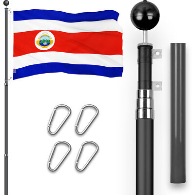 Combo: 16Ft Telescoping Flagpole Black & Costa Rica Costa Rican Flag 3x5 Ft Emb