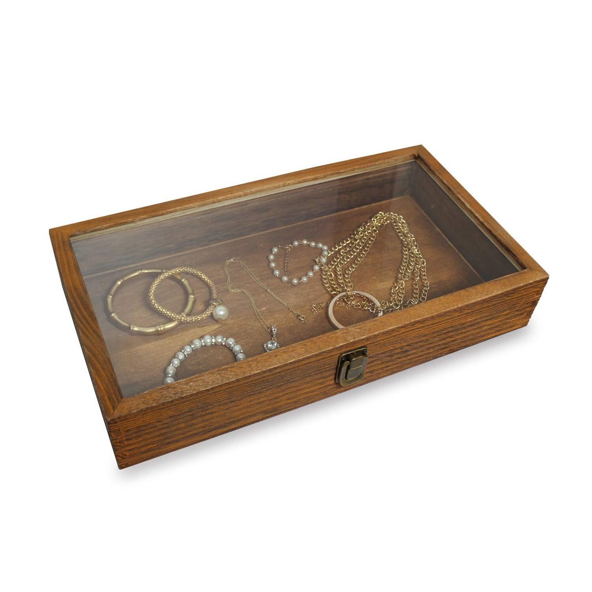 Wooden Jewelry Display Box with Glass Top Lid for Rings Bracelets