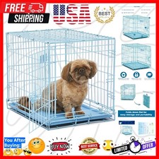 Compact 24-Inch Blue Metal Dog Crate with Divider  Floor Protecting Roller Feet