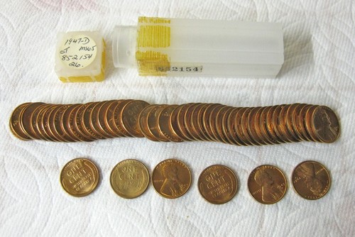 1947-D Lincoln Wheat Cent 1c Roll 50 Coins Gem Original Red - BINo