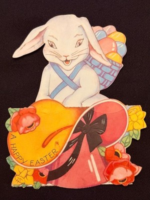 A Happy Easter Old Greeting Card Die Cut Folded Easter Bunny Eggs Poem Bonnet