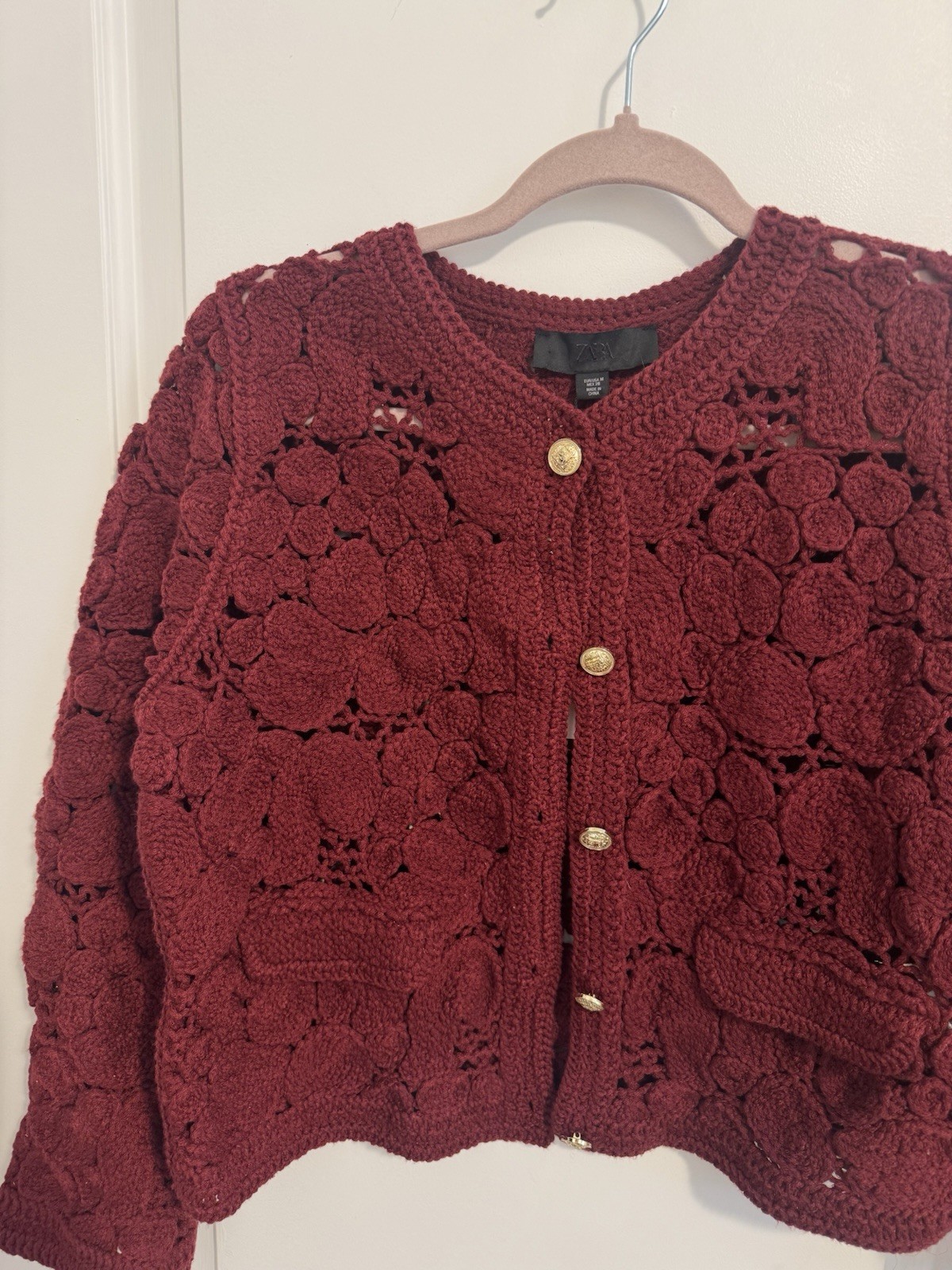 ZARA NWT $99 WOMAN SS25 KNIT MACRAME CARDIGAN BURGUNDY | 1957/001 thumbnail 6