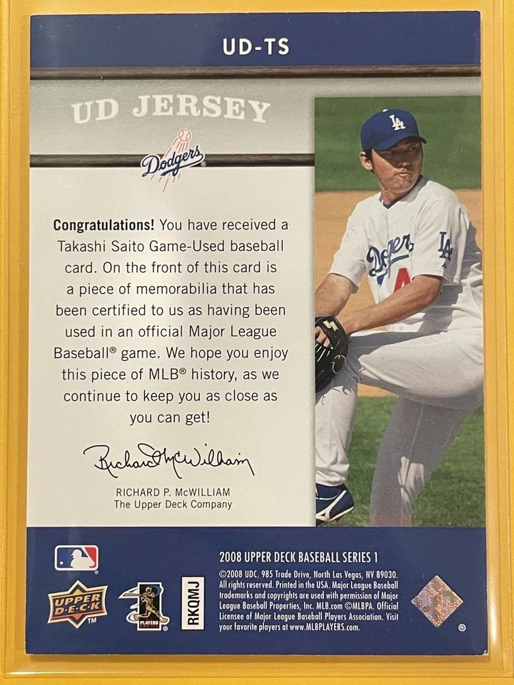 2008 Upper Deck Takashi Saito UD Game Jersey #UD-TS Baseball Dodgers - Image 2 of 2