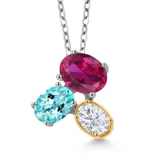 925 Silver and 10K Yellow Gold Created Ruby Blue Apatite and White Moissanite