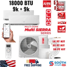 Dual Zone OLMO Sierra 1.5 Ton 18k BTU Mini Split A/C Heater, 9k+9k BTU, 230V