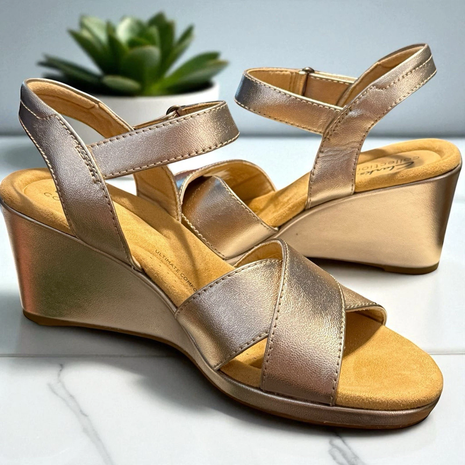 Sandalo donna Clarks Tulip Gem pelle metallizzata misura 7 5 zeppa oro slingback