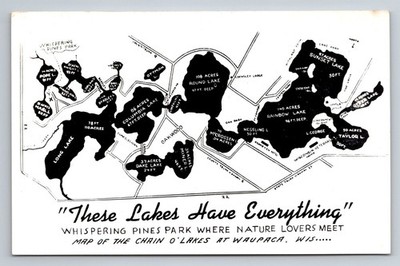 Vintage Whispering Pines Park Map Postcard Chain O'Lakes Waupaca WI