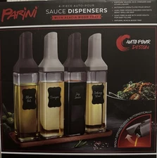 NEW Parini 4 Piece Auto-Pour Sauce Dispensers With Acacia Wood Tray