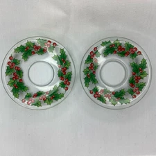 2 Clear Glass Bobeches Candle Rings with Holly Design