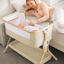 Baby Bassinet Bedside Sleeper with Storage Basket and Wheels,Height Adjust