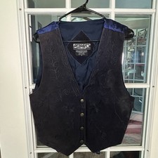 Vintage 90s Agapo Navy Blue Leather Suede Vest Floral Embroidered Oklahoma Men M