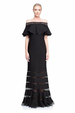 TADASHI SHOJI Black Ruffle Off the Shoulder Pintuck Jersey Dress Gown S 4/6