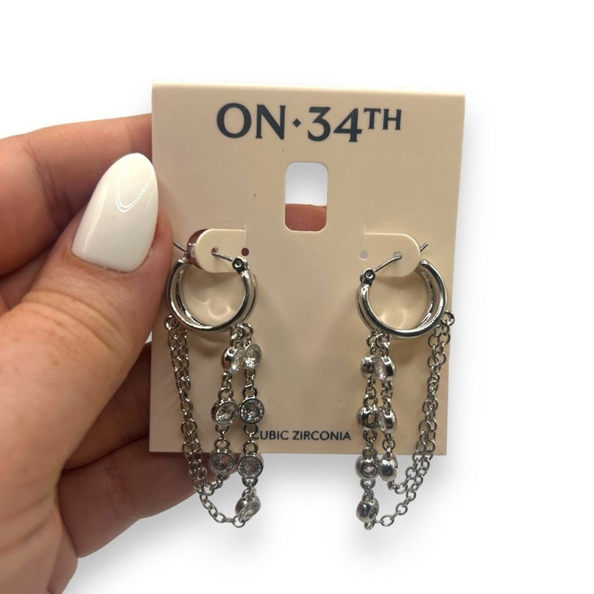 NWT Macy's ON 34th Chain Drop Cubic Zirconia Hoop Dangle