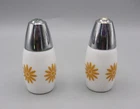 Vintage Westinghouse Gemco Salt  & Pepper Milk Glass Shakers w/ Gold Daisy MCM