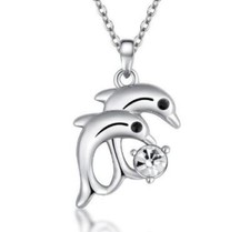 Cute New Silver Twin Dolphin w/ Clear Crystal Accent Pendant Necklace