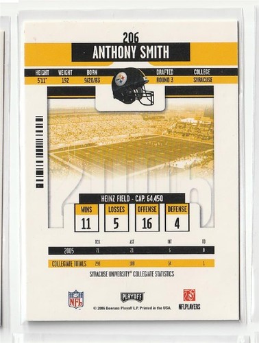Boleto de novato Anthony Smith Auto 2006 Panini Playoff Contenders #206 Aliz - Imagen 3 de 3