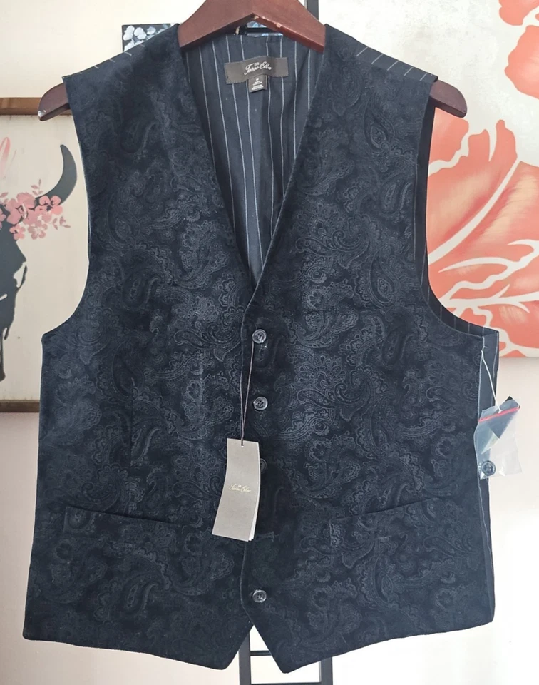 TASSO ELBA Men's Black Cotton Paisley Velour Six Button Career Vest Size M NWT - Image 2 of 4