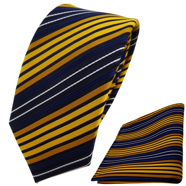 Schmale Tigertie Krawatte + Einstecktuch Gelb Dunkelgelb Blau Schwarz Gestreift-image