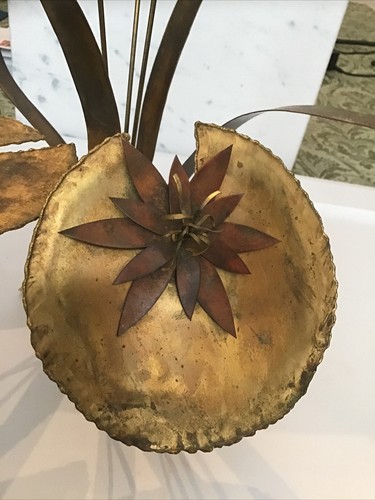Brutalist Metal Copper Brass Lotus Cattails Table Sculpture Stone Signed Mark 76