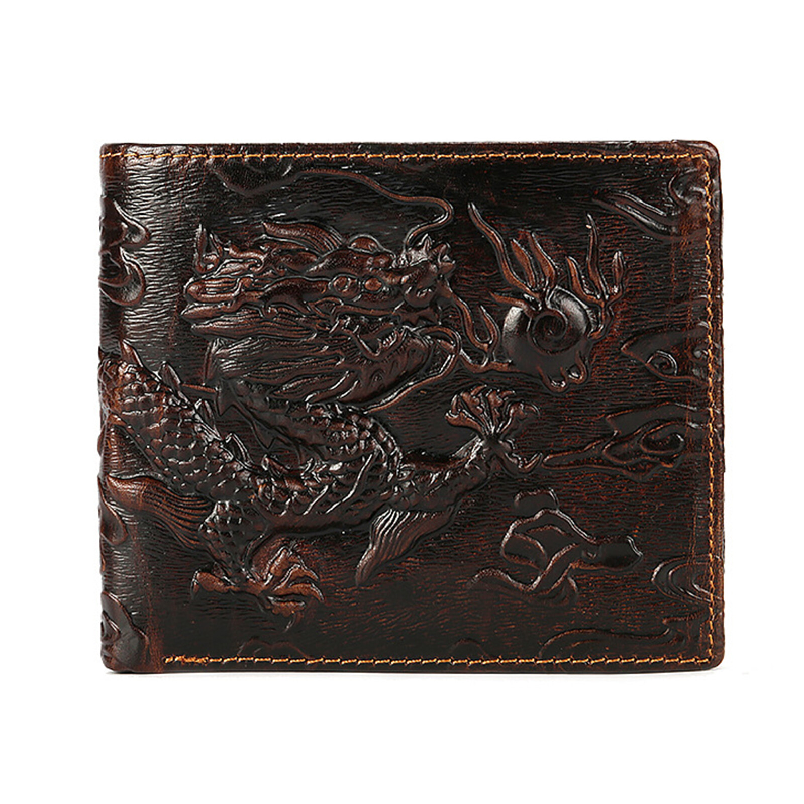 Dragon Brown Genuine Cowhide Leather Bifold Wallet for Men Travel Purse