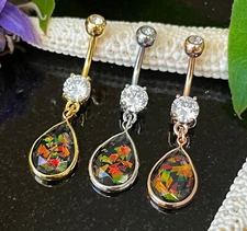 1pc Rainbow Glitter Opalite Tear Drop Belly Ring Pierced Navel Naval Piercing