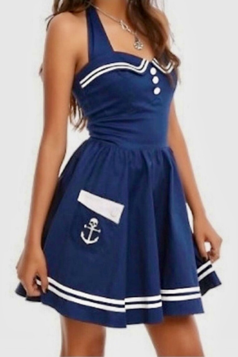 Hell Bunny Vixen Dress Women Small Blue Halter Skull Sailor Fit