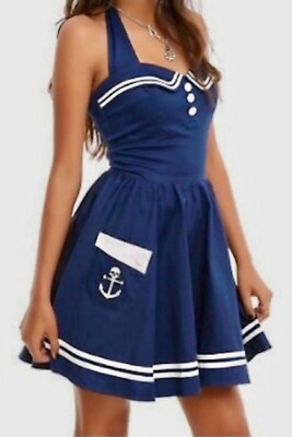 Hell Bunny Vixen Dress Women Small Blue Halter Skull Sailor Fit Flare Retro