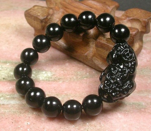 14mm Black Agate Jade Beads Dragon Pi Xiu Brave troops Luck Coin Bangle Bracelet - Picture 3 of 6
