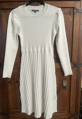 SHARAGANO Ivory Knit Sweater Dress Beaded Round Neck Midi Long Sleeve M