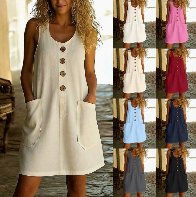 ladies linen dresses with pockets Summer Sleeveless Dress Casual Loose Cotton Shift stone blue