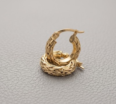 15mm Small Framed Wheat Spiga Round Hoop Earrings Real Solid 14K Yellow Gold QVC