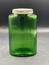 Vintage Forest Green Ovoid Ribbed Glass Jar 6.25x4x2.5" Owens Illinois PAT. PNDG