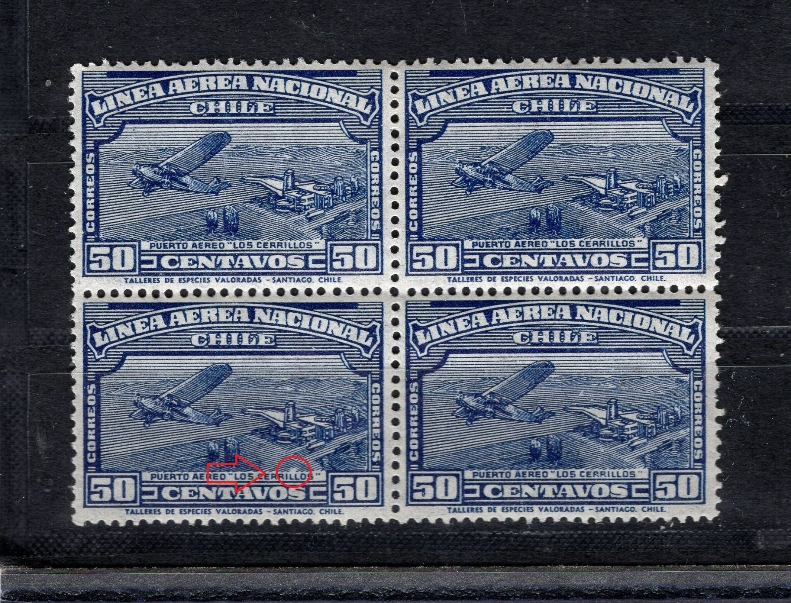 CHILE 1931 airmail 50 cents Sc.C25 block of 4 ERROR VARIETY L12