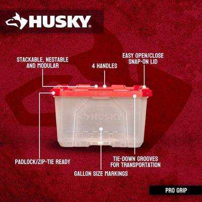 27 Gal. Pro Grip Storage Tote in Clear with Red Lid | eBay