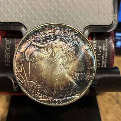 #ad 1988 American Silver Eagle Beautiful Rainbow Toning Front amp; Light Back $100.00
