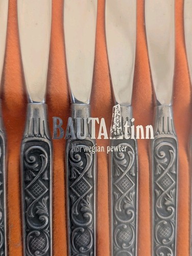 Rare Vintage Set Of 6 Butter Knives 16cm Norwegian Pewter Bauta Tinn In Box - Picture 2 of 12
