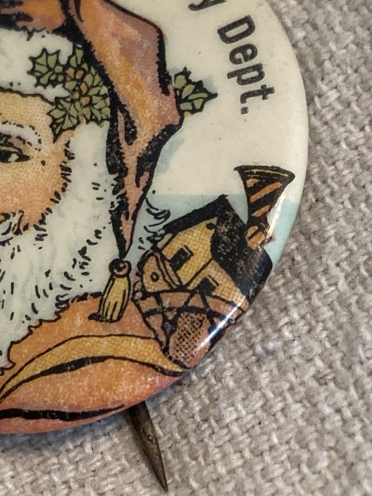 VTG Celluloid Pinback Button Santa Claus Christmas  At Parisian Toy Dept.