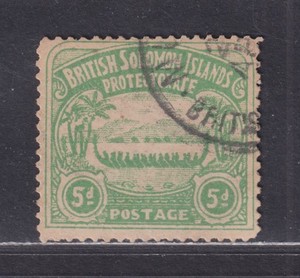 Solomon Islands Scott 5 Used 1907 5d Yellow Green War Canoe Stamp SCV $77.50