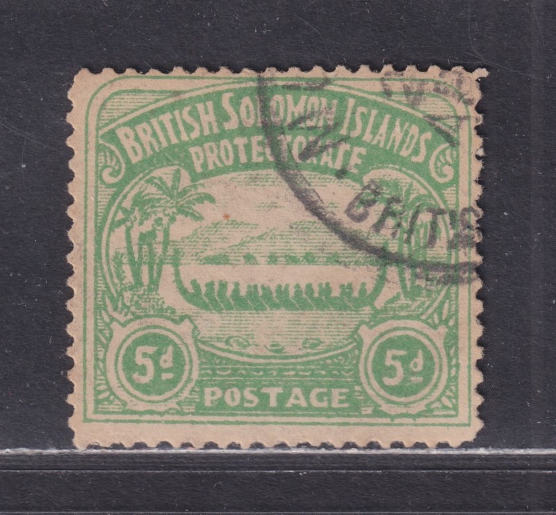 Solomon Islands Scott 5 Used 1907 5d Yellow Green War Canoe Stamp SCV $77.50