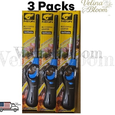 Neon Multi-purpose Refillable Lighters Fire place Grill Gas Stove BBQ 3 Packs